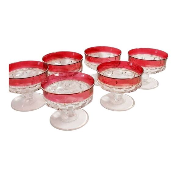 Unbranded Other - Set of 6 King’s Crown Ruby Flashed Pedestal Thumbprint Design Dessert Glasses